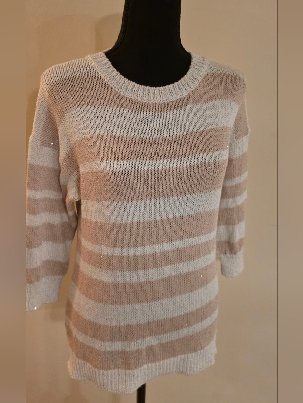 Saks Sparkley Ladies Striped Crewneck Sweater in Tan & White (Med) Viscose Blend
